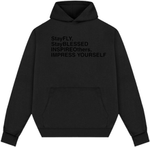Load image into Gallery viewer, ThatsFly Apparel® &quot;Words to Live By&quot; Logo Oversized Hoodie Black/Black
